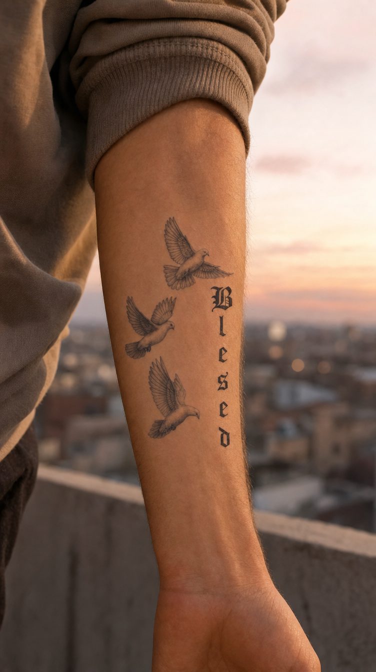 Tatuaj temporar cu trei porumbei în zbor și textul „Blessed”, aplicat pe piele