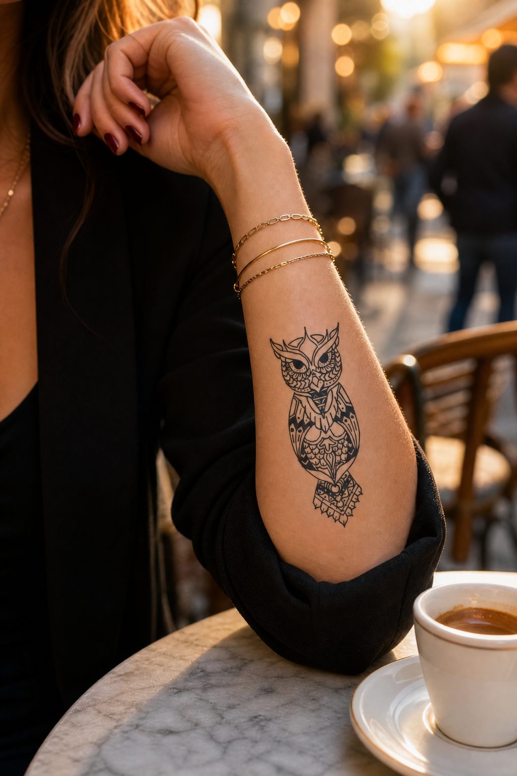 Model de tatuaj cu bufniță, contur linie fină, pe antebraț