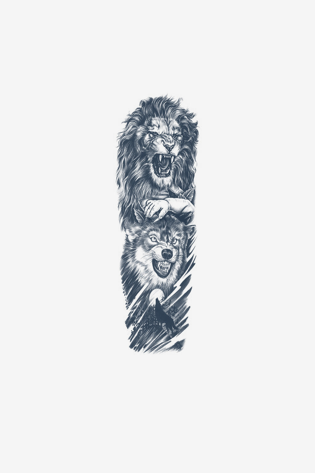 Tatuaj temporar Instinct, design ilustrativ cu lup și leu, aplicat pe braț