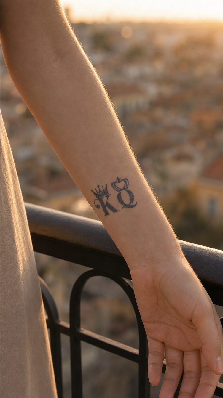 Pereche de tatuaje temporare cu coroane rege și regină, aplicate pe piele