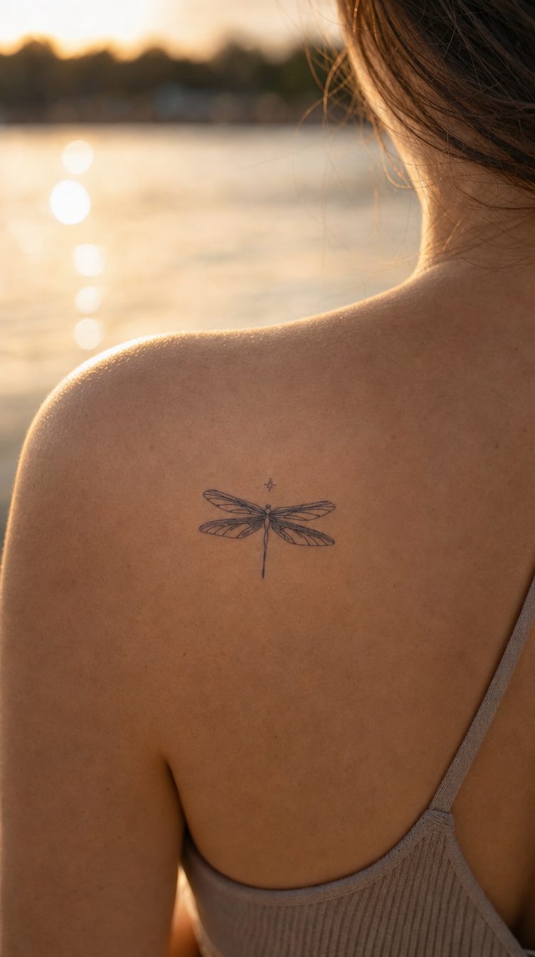 Tatuaj temporar cu libelulă fină Transformare pe piele, ca referință pentru dimensiune și stil
