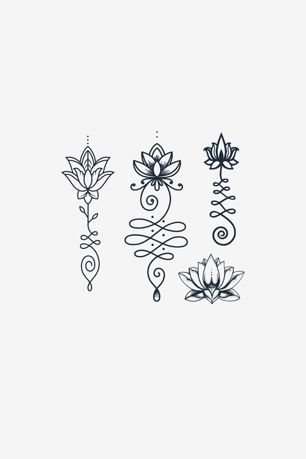 Set Unalome, patru modele fine cu lotus și unalome, tatuaj temporar Inklabs