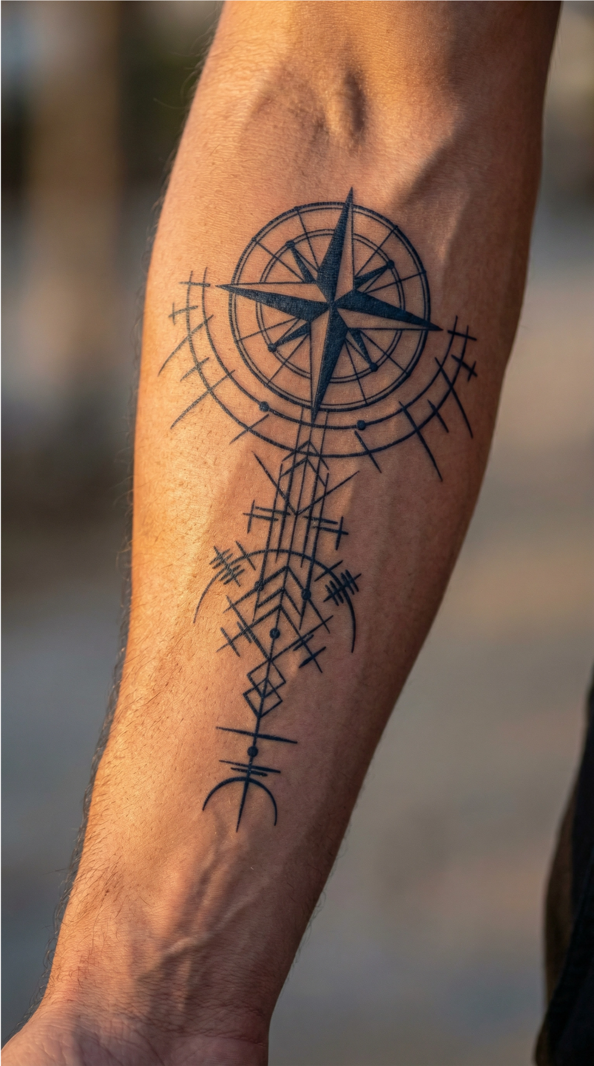 Model de tatuaj temporar cu busolă ilustrativă, cu detalii marcate, potrivit ca element grafic lângă un text cu coordonate
