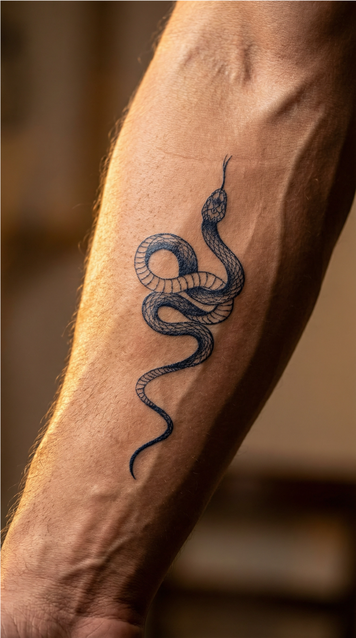 Tatuaj temporar cu șarpe fin desenat, aplicat pe gambă, urmărind curbura mușchiului